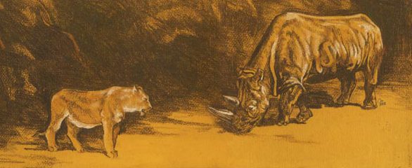 Lion & Rhino Standoff ~ Pastel Art by Patrice